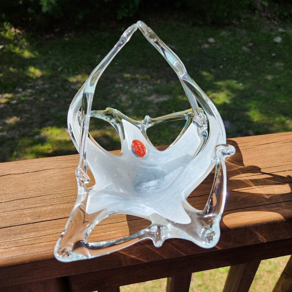 Murano Glass Clear and White Glass Art Sculpture Basket